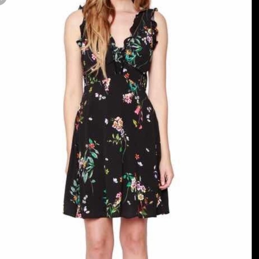 Floral Black Dress with ruffle v-neck